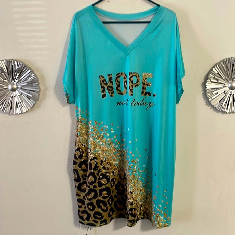Teal Graphic Dress with Leopard and Gold Accents